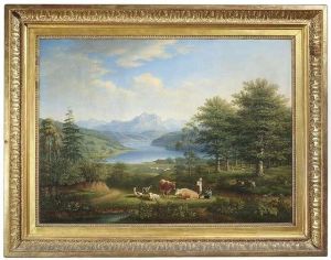 Wide River-landscape With Herdsmen On A Bank