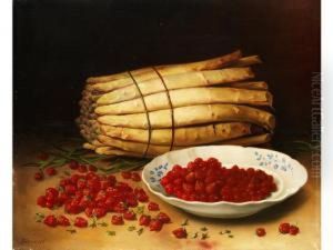 Stilleben Mit Spargel Und Erdbeeren Vor Dunklem Hintergrund