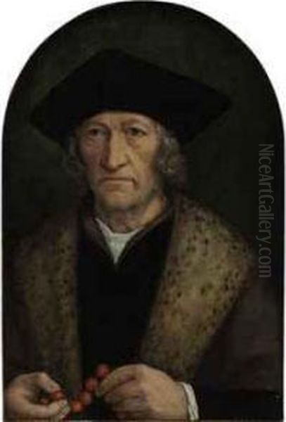 Portrait Of A Gentleman, Half-length, In A Black Hat And Brown Robewith A Lynx Collar, Holding A Rosary - view 1