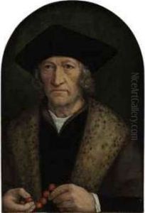Portrait Of A Gentleman, Half-length, In A Black Hat And Brown Robewith A Lynx Collar, Holding A Rosary by Michel Sittow