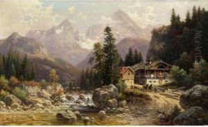 Alpenlandschaft Mit Muhlengebaude An Einem Gebirgsbachlauf