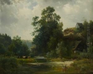 Flusslandschaft Mit Bauernhausern