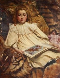Young Girl With Doll And Picture Book Seated On A Tiger Skin Rug by Joseph Skelton