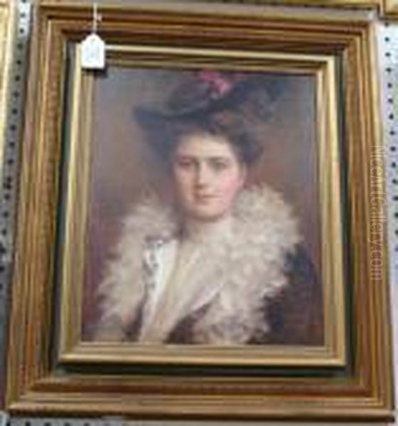 Half Length Portrait Of Afashionable Lady Wearing A Hat And Fur-edged Jacket Over A Whitechemise - view 1