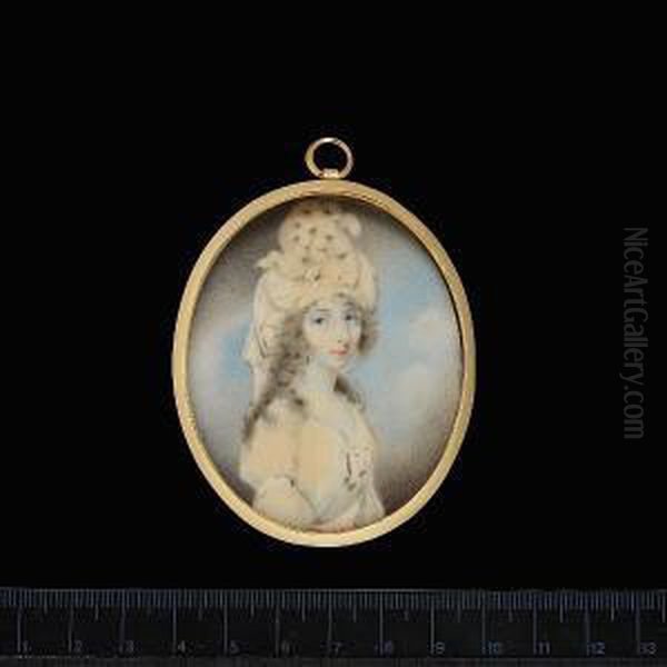 Mary Anne Bidulph, Wearing White Dress With Armband And Ribbon At Her Corsage, Elaborate White Headdress With Feather And Ribbons. - view 1
