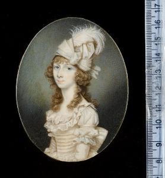 A Lady, Wearing White Dress With Striped Bodice, Lace Edging On The Sleeves And Neckline, A White Turban Hat Decorated With A Large Bow And Feather Over Her Brown Curls - view 1