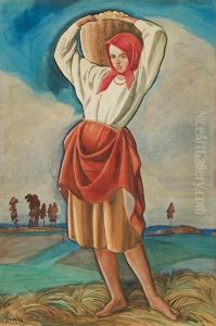 Girl With A Basket by Wladyslaw Skoczylas