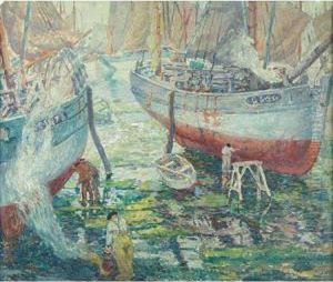 In The Harbour, Painting Boats by Sigurd Skou