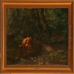 Cow Watering In Alake In The Forest by P. C. Skovgaard