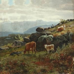 Norwegian Landscape With Young Girl Guarding Cows by Christian Eriksen Skredsvig