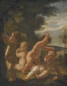 Four Putti Playing In A Landscape by Karel Skreta