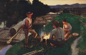 Campfire On The River Bank (raftsmen By The River Garam), Around 1905 by Dome Skuteczky