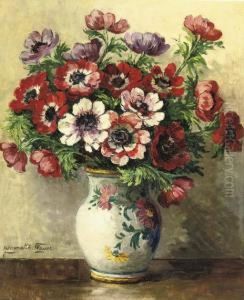 Colourful Anemones In A Earthenware Vase by Jeannette Slager