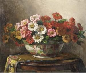 Summer Flowers In An Oriental Bowl On A Draped Table by Jeannette Slager
