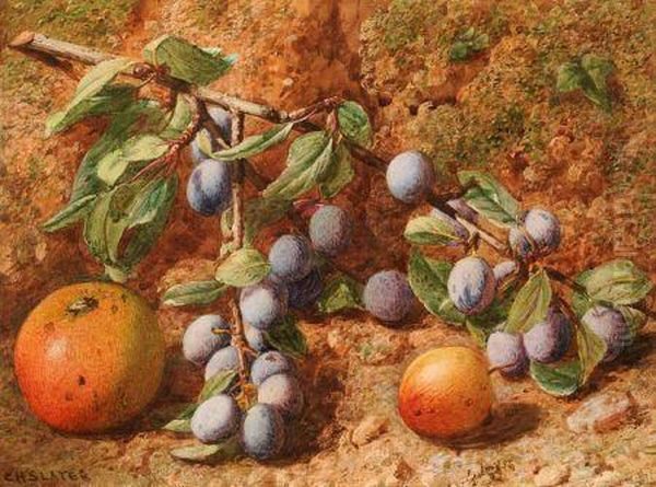 Still Life Study Of Plums And Apples On A Mossy Bank - view 1