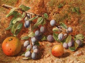 Still Life Study Of Plums And Apples On A Mossy Bank by Charles Henry Slater