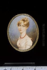 A Lady, Wearing White Dress With Small Collar, Coral Pin At Her Corsage And Matching Necklace, Her Light Brown Hair Upswept by Isaac Wane Slater