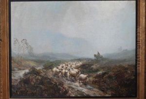 A Shepherd Mounted On A Horse Driving His Flock Along A Misty Moorland Track by John Falconar Slater