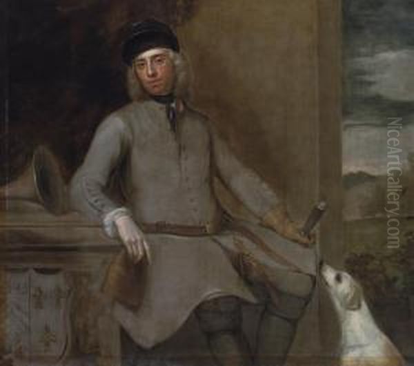 Portrait Of Charles Wither, Of Hall, Hampshire, M.p. (1684-1731), Three-quarter-length, In Hunting Dress, With A Hound, In A Landscape, His Coat-of-arms Lower Left - view 1
