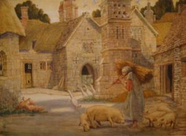 Pigs And Fowl In A Courtyard With A Girl Carrying Hay - view 1