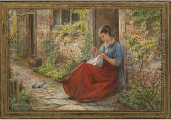 Woman Sewing At The Garden Door - view 1