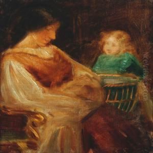 Interior Withgirl In Green Dress Watching Mother With Baby by Agnes Slott-Mrller