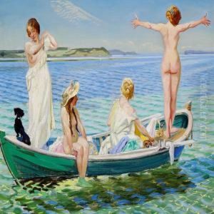 Girls In A Green Rowing Boat On A Summer Day by Harald Slott-Moller