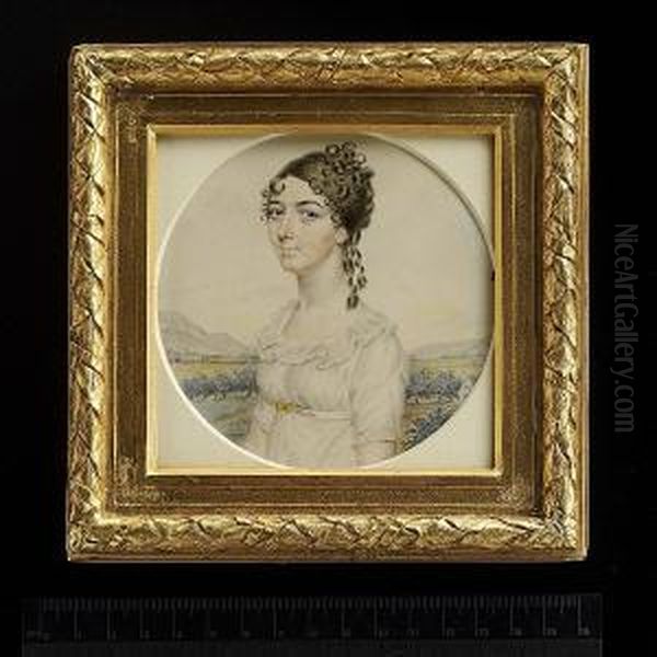 Sophie Howell, Wearing White Dress With Frilled Collar, Ribbon Waistband Held With Double Gilt Clasp, Her Hair Upswept And Curled, Landscape Background With A House And Avenue. - view 1
