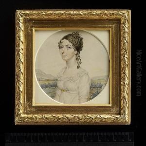 Sophie Howell, Wearing White Dress With Frilled Collar, Ribbon Waistband Held With Double Gilt Clasp, Her Hair Upswept And Curled, Landscape Background With A House And Avenue.