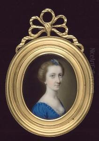 A Lady, Wearing Decollete Blue Dress With White Lace Underslip, Blue Flowers And A White Feather In Her Upswept Hair - view 1