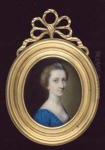 A Lady, Wearing Decollete Blue Dress With White Lace Underslip, Blue Flowers And A White Feather In Her Upswept Hair by John Ii Smart
