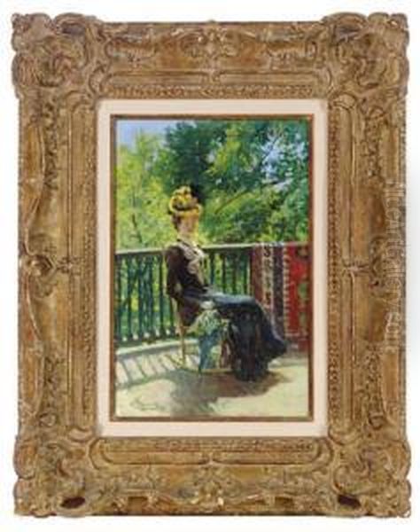 Seated Woman With Parasol On A Terrace - view 1
