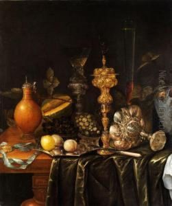 Stilleben Mit Prunkpokalen, Glasern, Kanne, Zitronen Sowietrauben Auf Einer Silberschale by Jan Smets