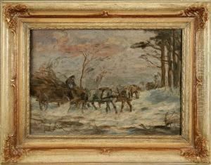 Landmann Auf Mit Reisig Beladenem Fuhrwerk In Schneelandschaft by Emil Smidt