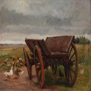 Landscape With Geese And Ducks Around An Old Wagon
