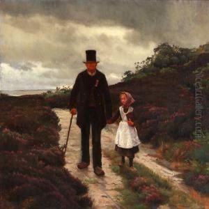 Grandfather And A Girl On A Road Surrounded By Heather