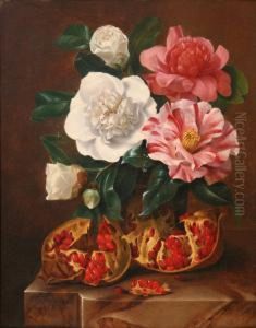 Still Life Study Of Camellias And Pomegranates On A Marble Ledge by Johann Carl Smirsch