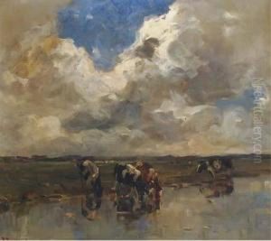 Cows Watering In A Polder Landscape by Frans Smissaert