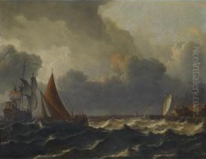A Smalschip Closed Hauled In A Stiff Breeze With A Flagship Offshore To The Left And A Jetty To The Right