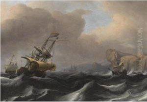 A Dutch Frigate And Other Shipping In Stormy Seas Along A Rockycoastline by Aernout Smit