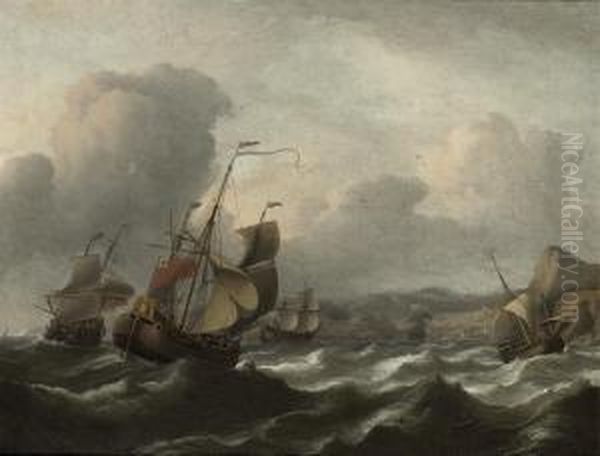 Shipping In Choppy Waters Before A Hilly Mediterranean Coast - view 1