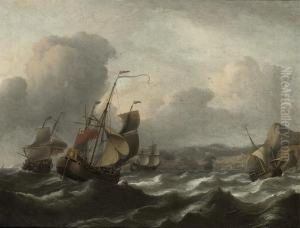 Shipping In Choppy Waters Before A Hilly Mediterranean Coast